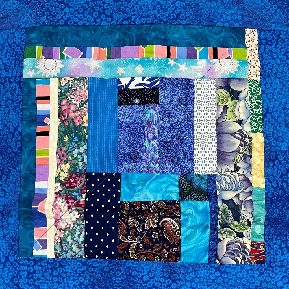 Handmade Quilted Table‎ Runner Wall Hanging Blue Colorful Patchwork Textile Art